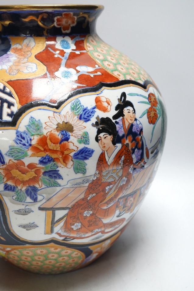 Japanese Kutani, Satsuma and Imari; four vases, a bowl, a pair of candlesticks and a pot (8). Condition - candle sticks damaged